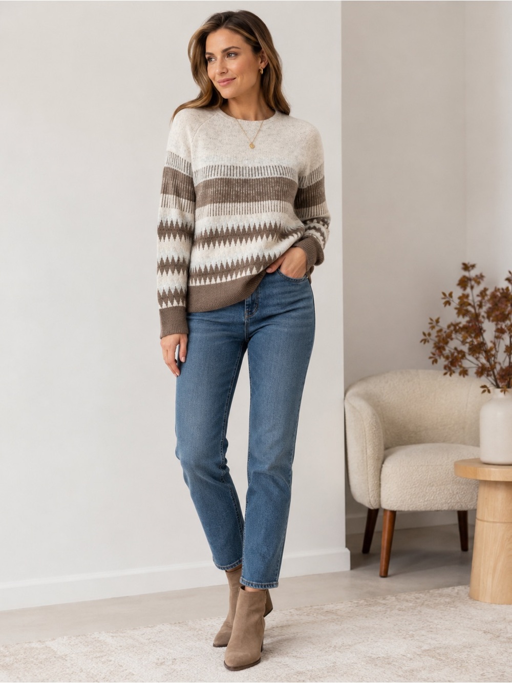 Vince Camuto Fair Isle Sweater Size S Birch Brown Cozy Knit NWT